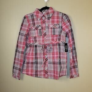 Pepe Womans Pink & Gray Plaid Shirt Rhinestones Size M New Rebel Western